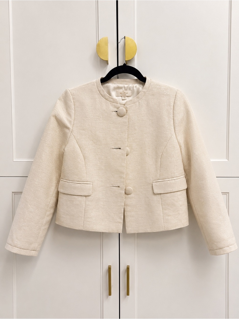 Sparkly Cream Tweed Collarless Boxy Blazer